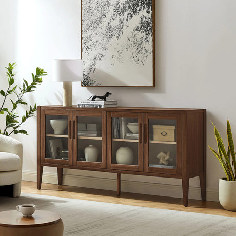 Mid-Century Modern 4-Door Glass Sideboard Storage Cabinet – Walnut 72 Inch