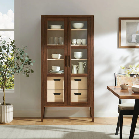 Mid-Century Modern 2-Door Glass Tall Storage Display Cabinet – Walnut 71 Inch
