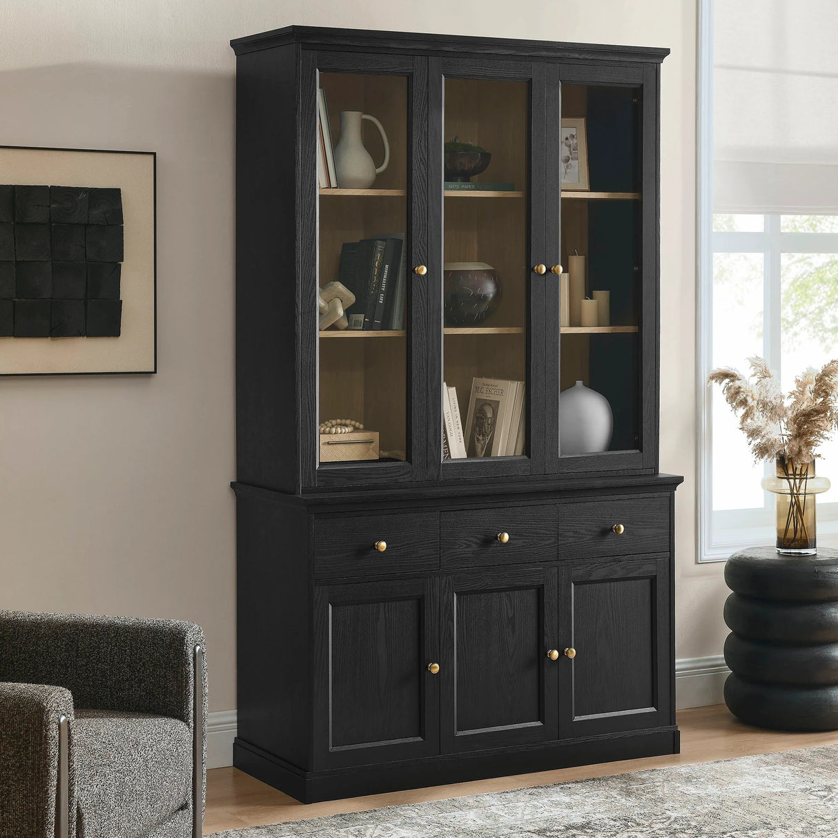 Modern Black Oak Wood Grain 3-Door Large Storage Display Cabinet – 79 Inch