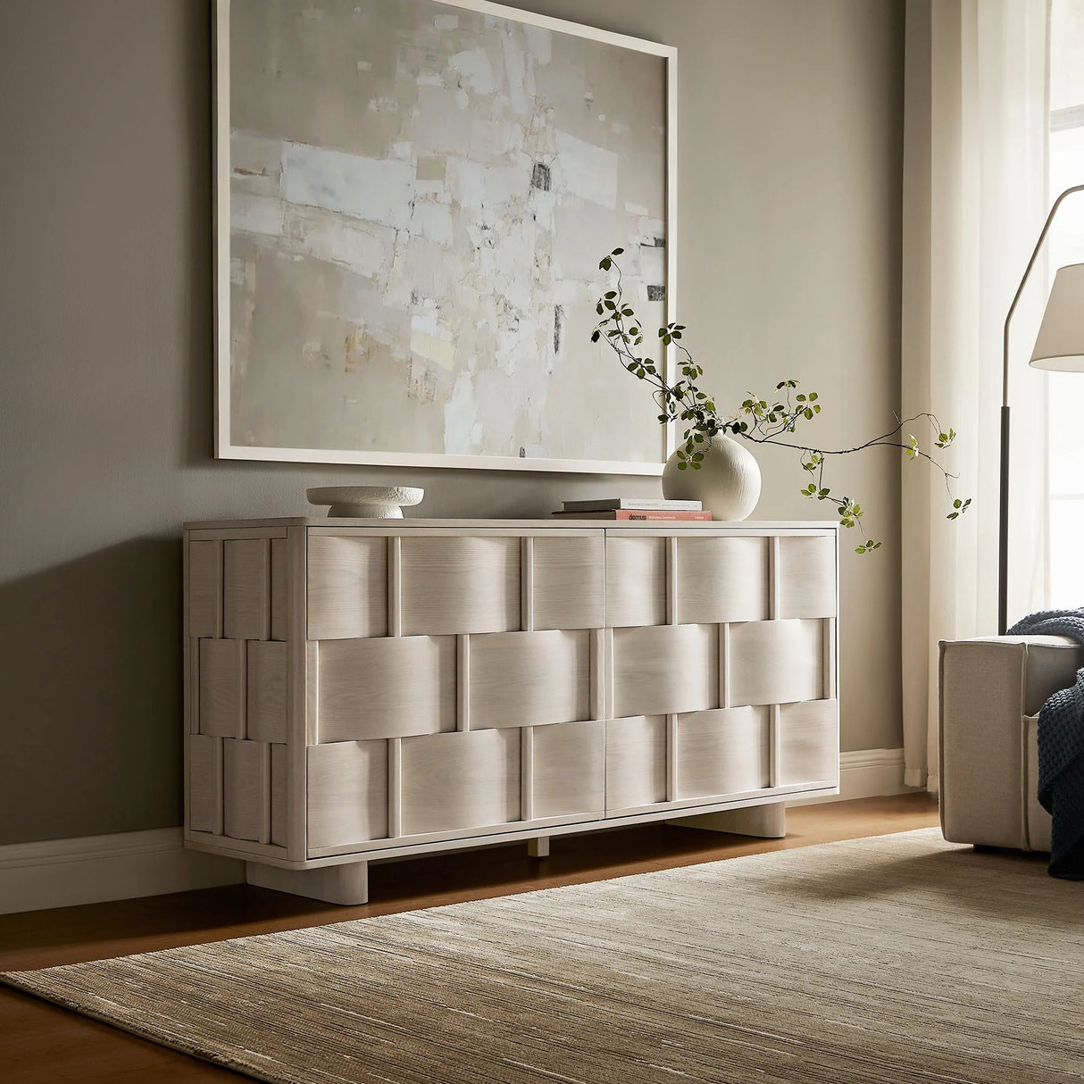 Woven Pattern Sideboard Storage Cabinet – Wood Finish 71 Inch