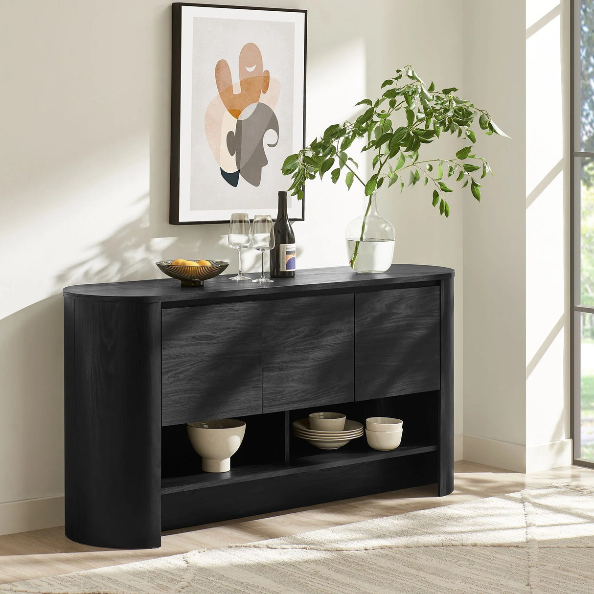 Oval Storage Sideboard Cabinet with Open Shelves – Wood Finish 62 Inch