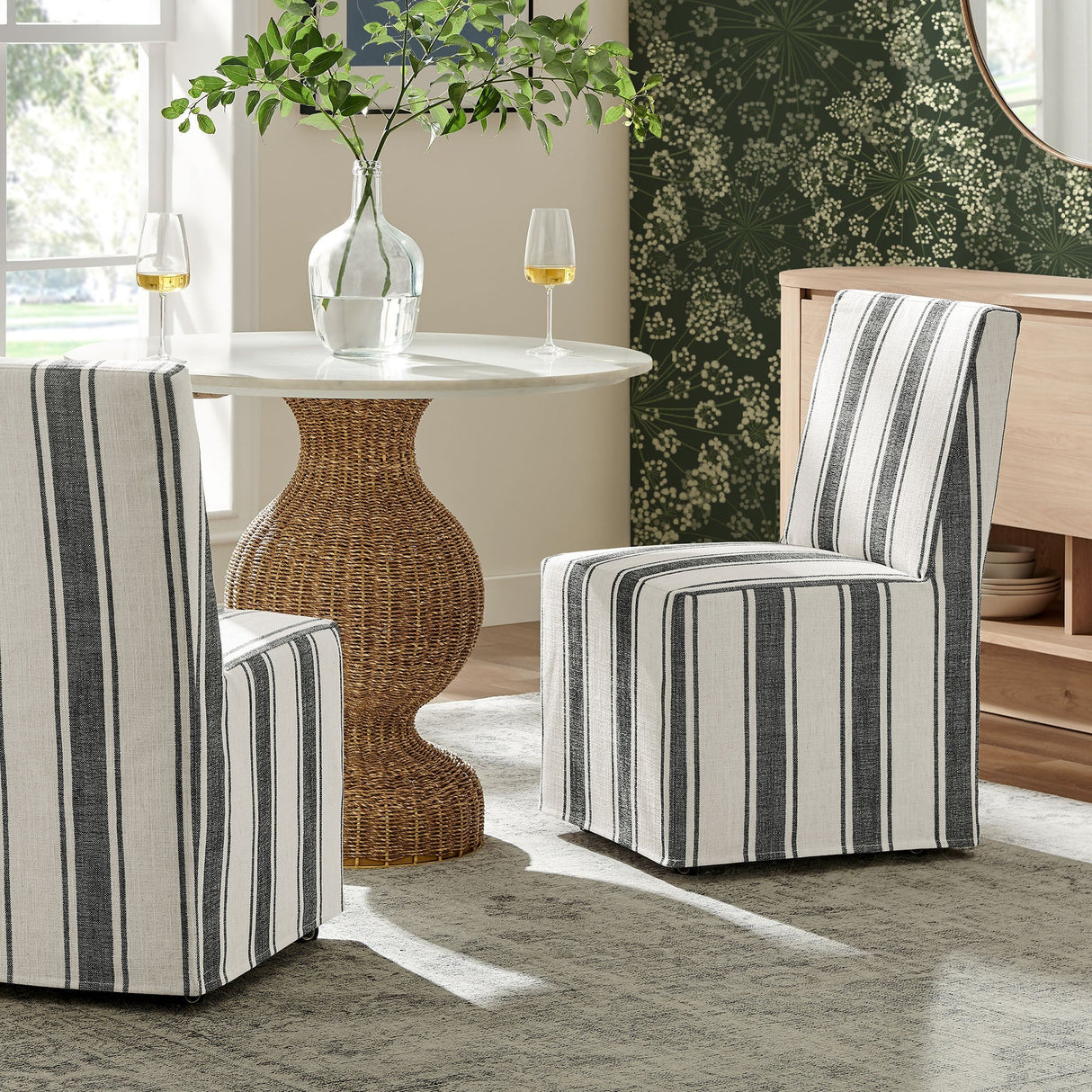 Striped Slipcovered Parsons Dining Side Chair with Hidden Casters