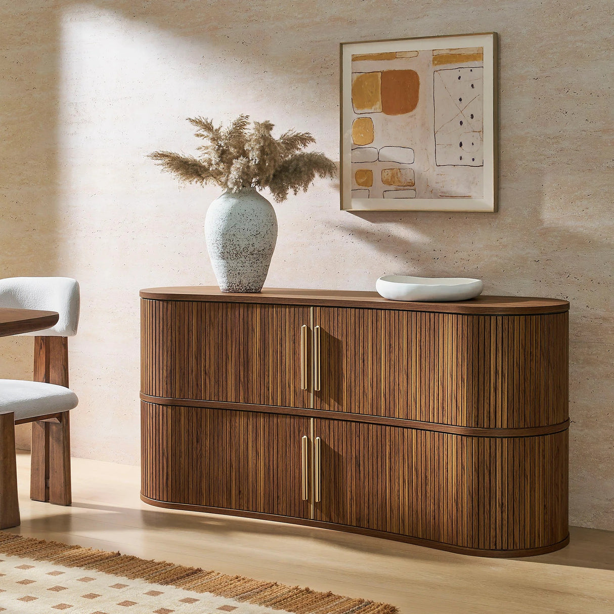 Curved Fluted Sideboard Storage Cabinet with Sliding Doors – Wood Finish 63 Inch