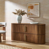 Curved Fluted Sideboard Storage Cabinet with Sliding Doors – Wood Finish 63 Inch
