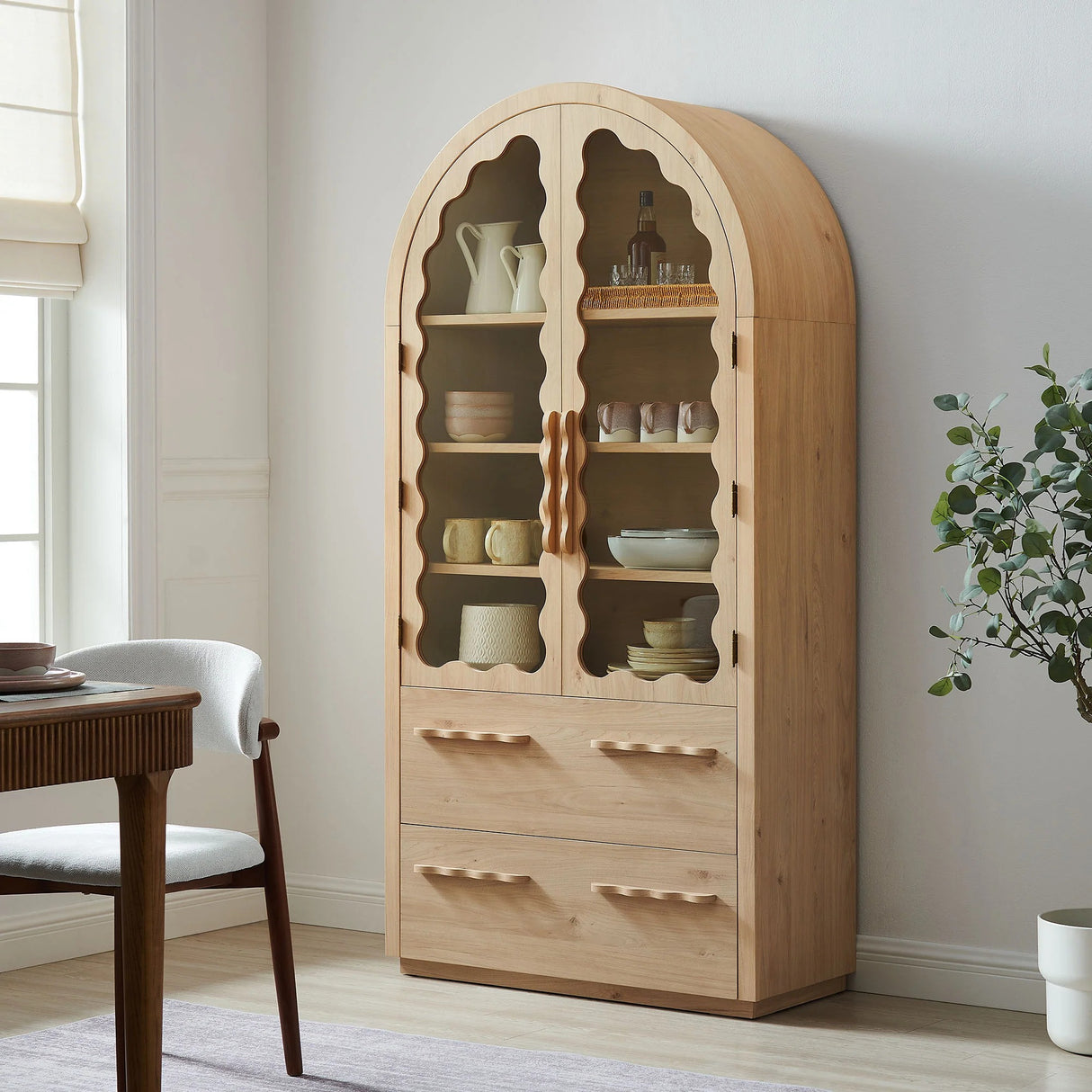 76 Inch Arched Scalloped Glass Door Kitchen Pantry Cabinet – Wood Grain