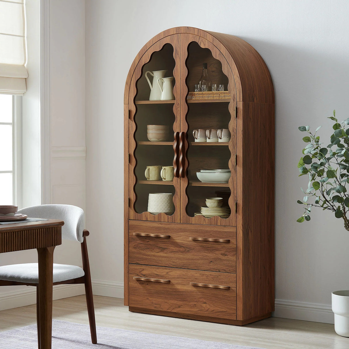 76 Inch Arched Scalloped Glass Door Kitchen Pantry Cabinet – Wood Grain