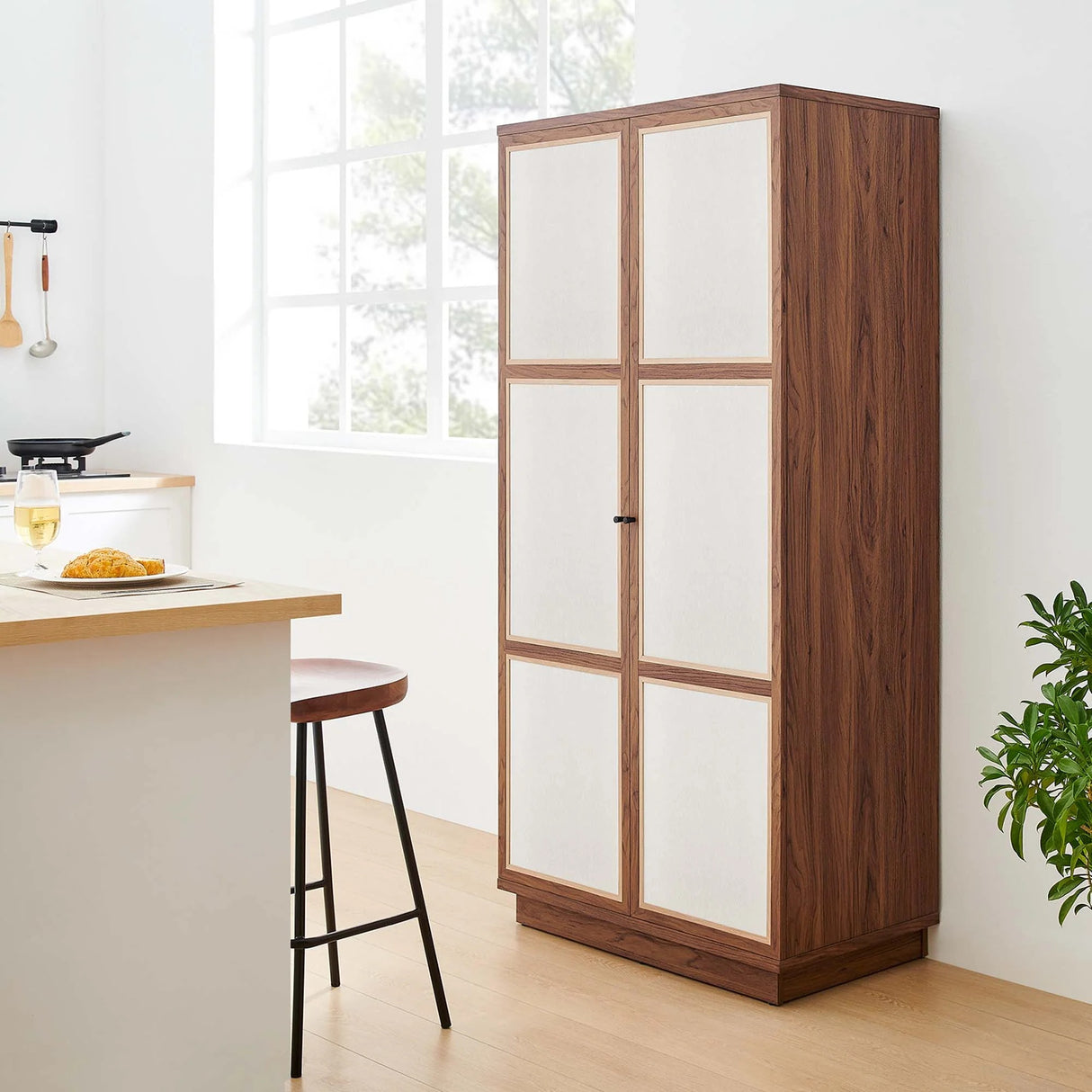 Walnut Wood Grain Tall Storage Cabinet with Linen Textured Doors – 70 Inch