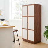 Walnut Wood Grain Tall Storage Cabinet with Linen Textured Doors – 70 Inch