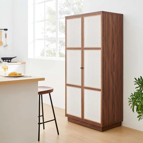 Walnut Wood Grain Tall Storage Cabinet with Linen Textured Doors – 70 Inch