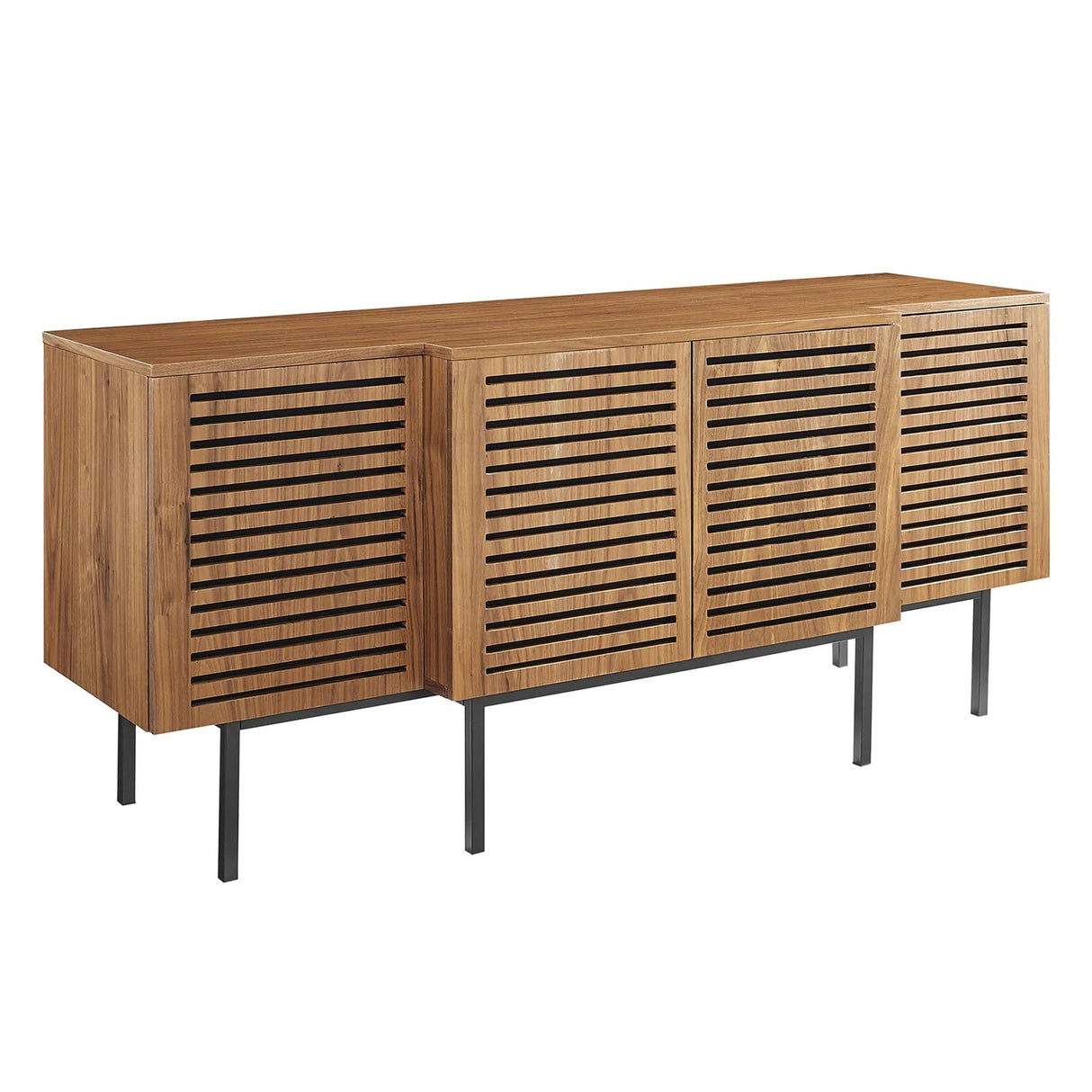 Slatted Wood Sideboard Storage Cabinet with Metal Legs – Walnut Finish 73 Inch
