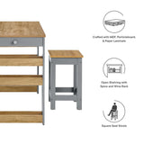 Modern Oak Gray 3-Piece Kitchen Island and Stool Set – 47 Inch