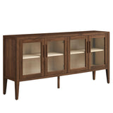 Mid-Century Modern 4-Door Glass Sideboard Storage Cabinet – Walnut 72 Inch