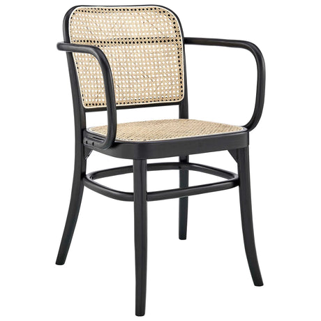 Wood Dining Armchair with Woven Rattan Cane Seat