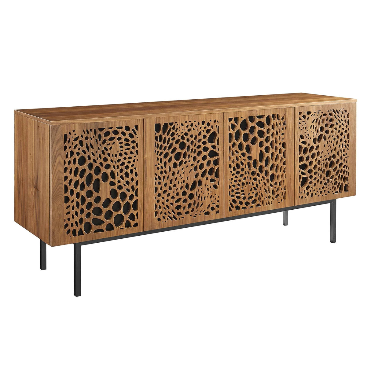 Wood TV Stand with Sliding Doors and Storage – Walnut Finish 73 Inch