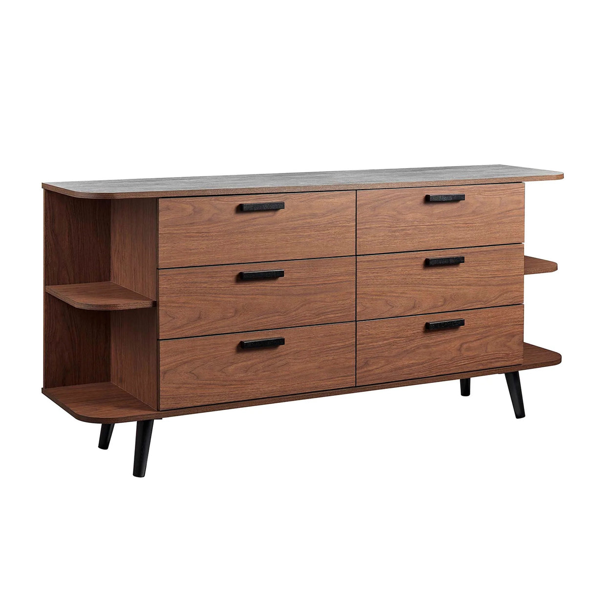 Open Display Sideboard Storage Cabinet with Drawers – Wood Grain Stone Top 63 Inch