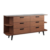 Open Display Sideboard Storage Cabinet with Drawers – Wood Grain Stone Top 63 Inch
