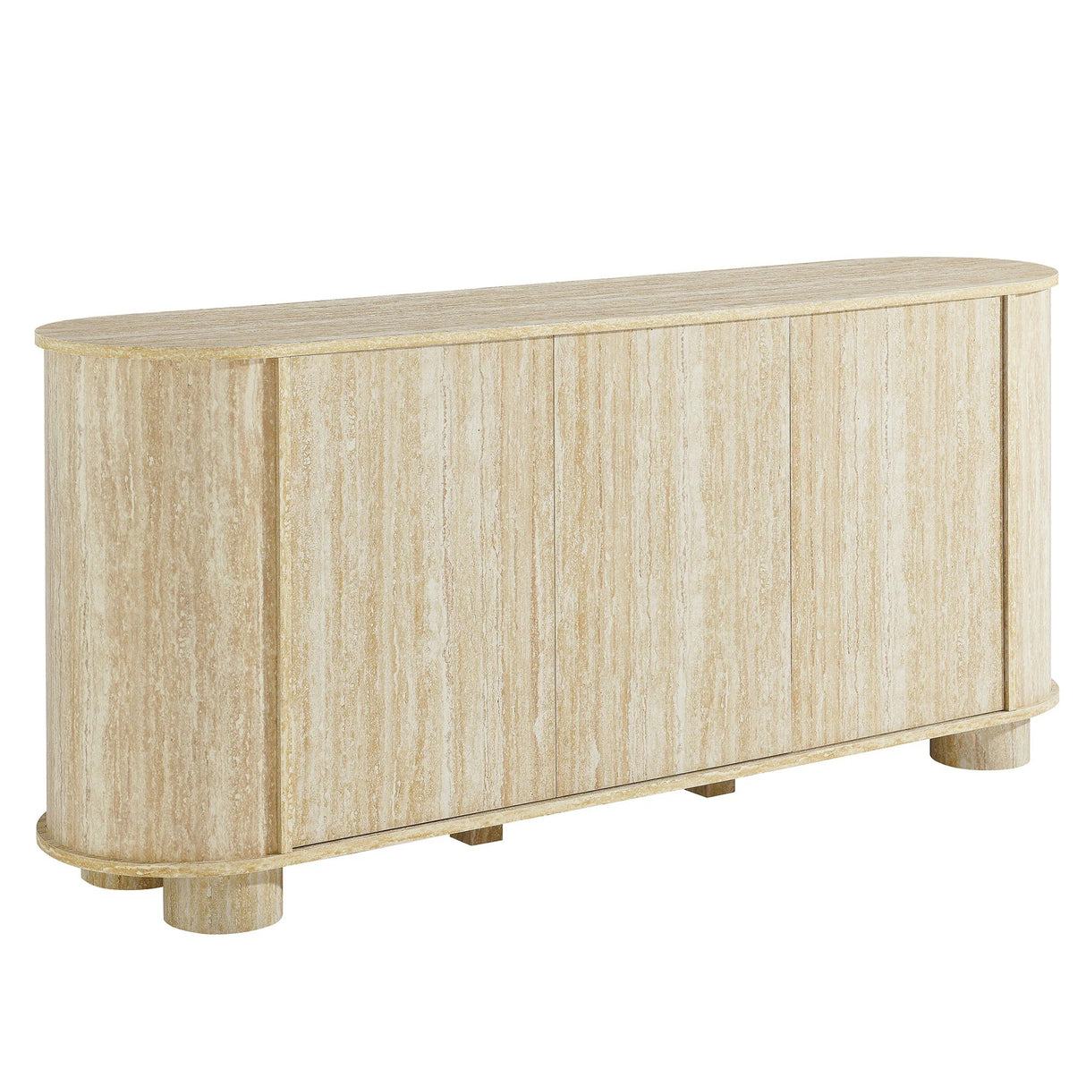 Oval Faux Travertine Sideboard Storage Cabinet – Beige Stone Finish 63 Inch