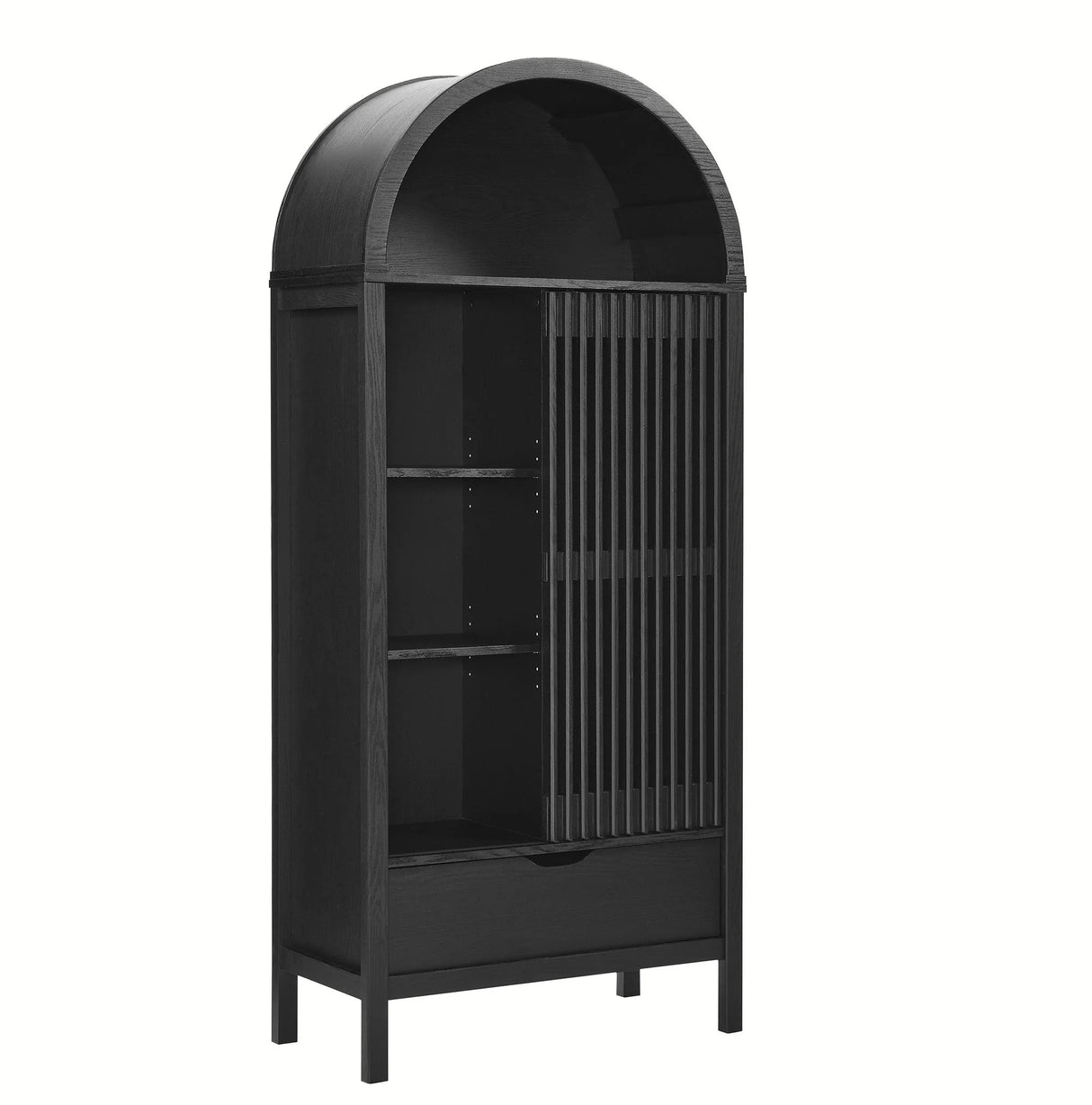 Modern Slatted Sliding Door Arched Tall Storage Cabinet – 71 Inch