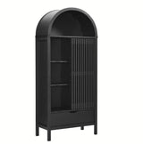 Modern Slatted Sliding Door Arched Tall Storage Cabinet – 71 Inch