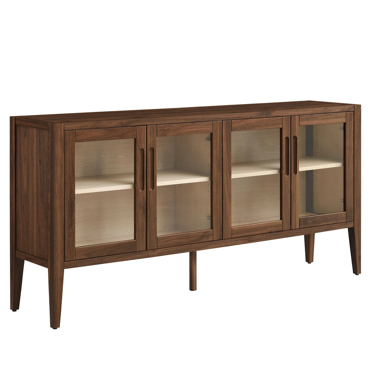 Mid-Century Modern 4-Door Glass Sideboard Storage Cabinet – Walnut 72 Inch