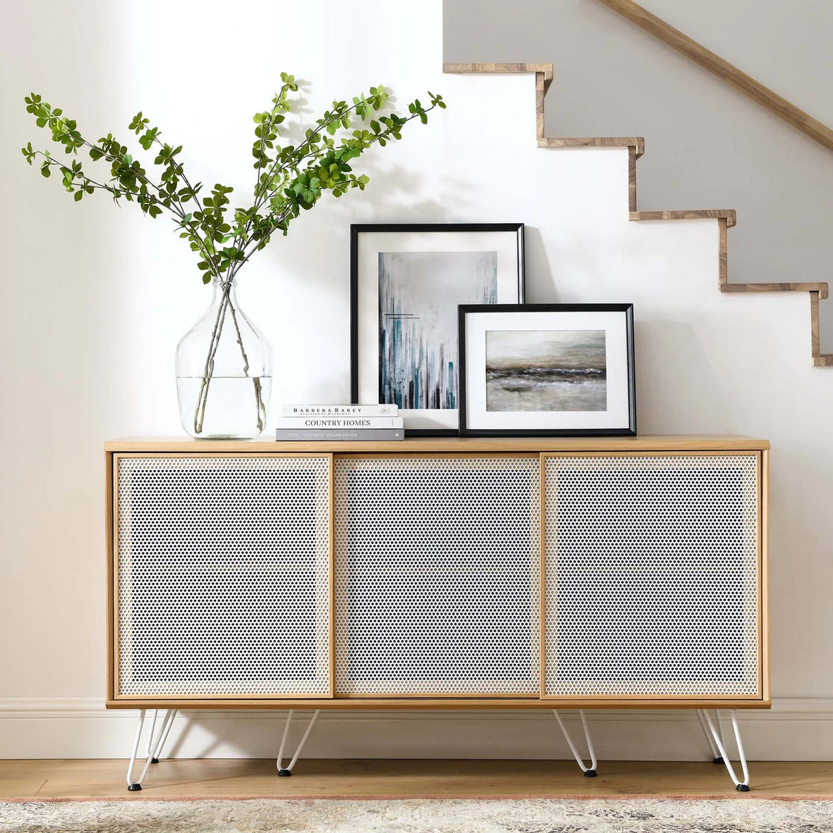 Industrial Metal Mesh 3-Door Sideboard – Wood Grain 59 Inch