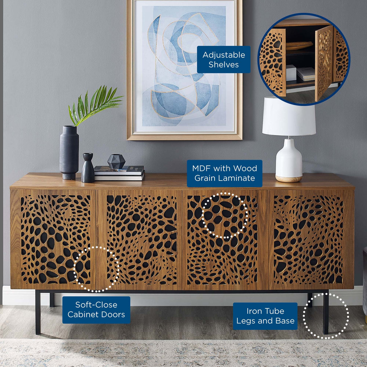 Wood TV Stand with Sliding Doors and Storage – Walnut Finish 73 Inch