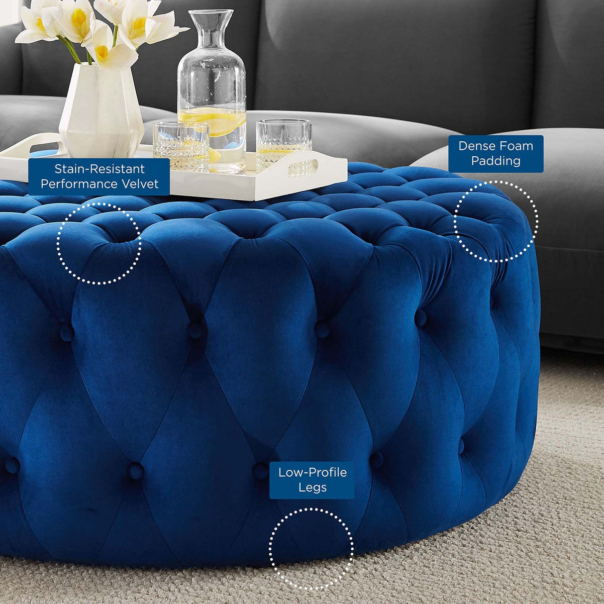 Large Round Tufted Velvet Ottoman – Upholstered 40 Inch