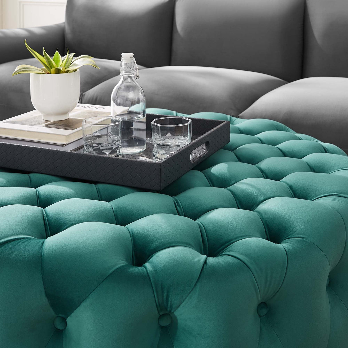 Large Round Tufted Velvet Ottoman – Upholstered 40 Inch