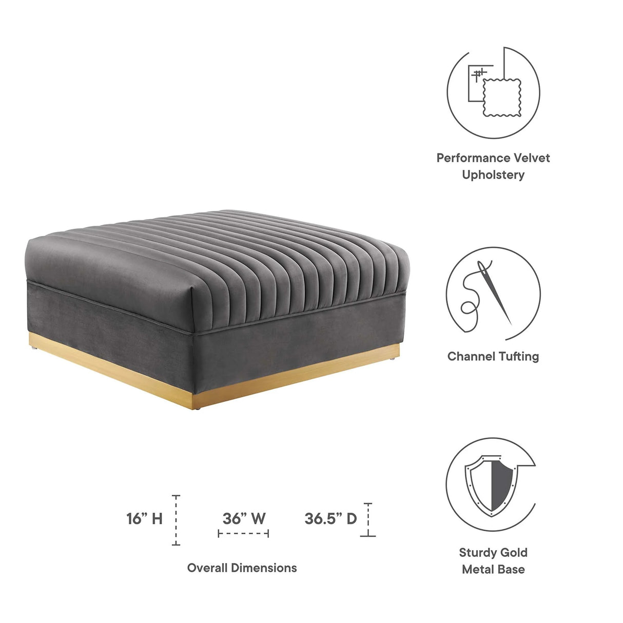 Channel Tufted Velvet Ottoman – Gold Base 36 Inch