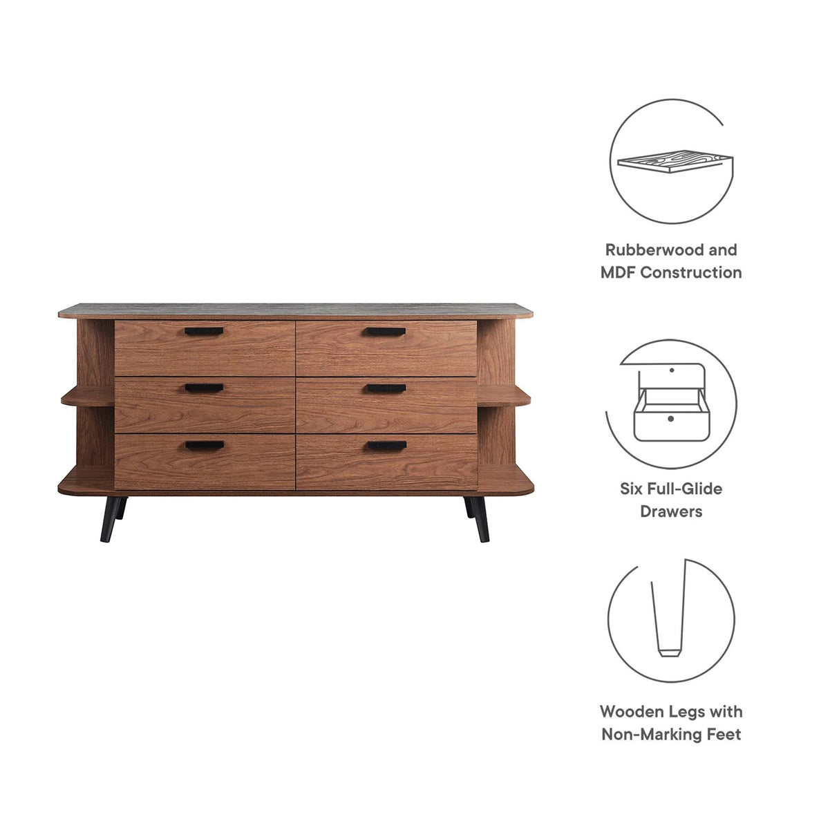 Open Display Sideboard Storage Cabinet with Drawers – Wood Grain Stone Top 63 Inch