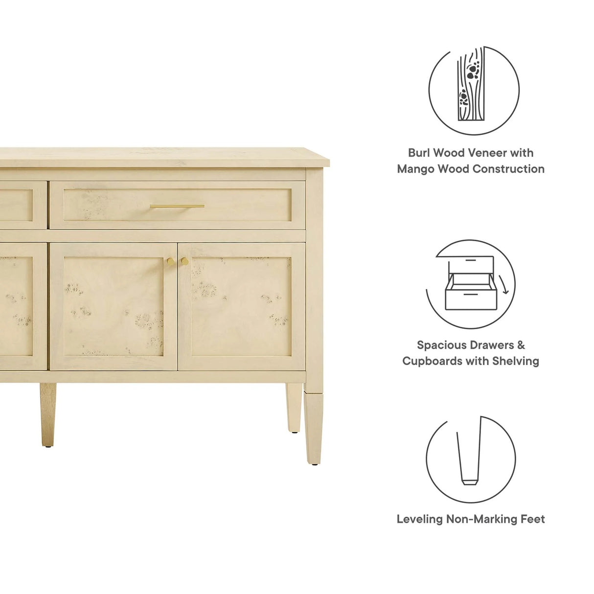Burl Wood Sideboard Storage Cabinet with Drawers – Wood Finish 62 Inch