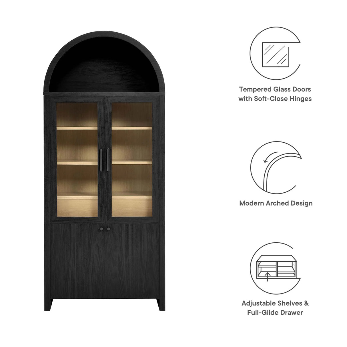 Modern Arched Glass Door Tall Storage Display Cabinet – 71 Inch