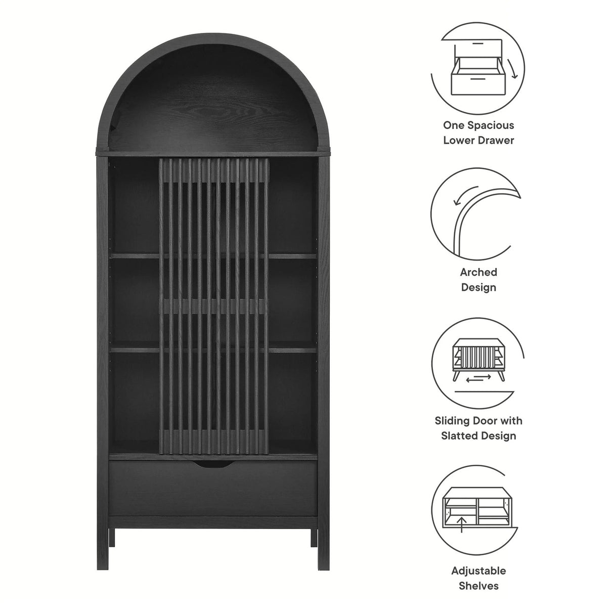 Modern Slatted Sliding Door Arched Tall Storage Cabinet – 71 Inch