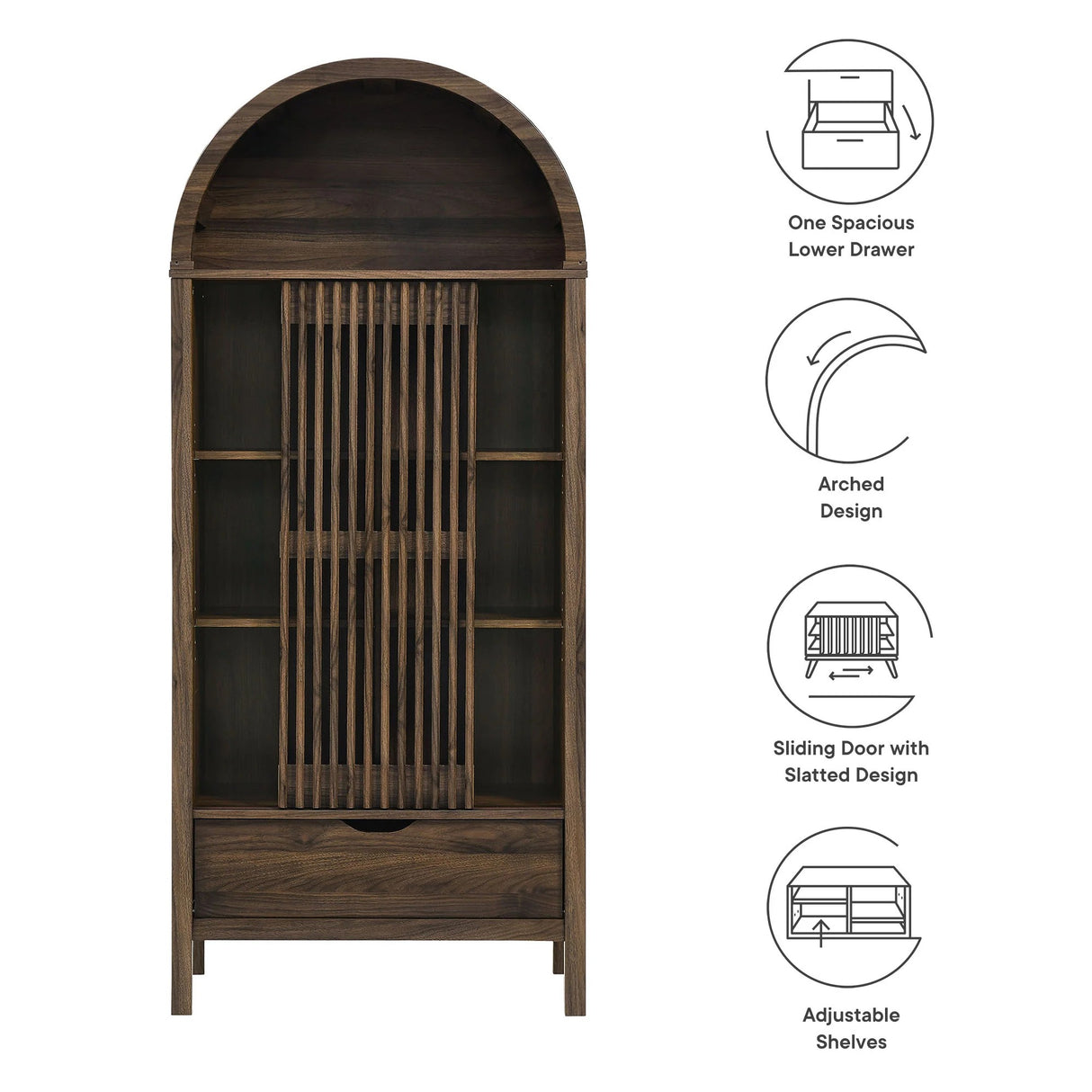 Modern Slatted Sliding Door Arched Tall Storage Cabinet – 71 Inch