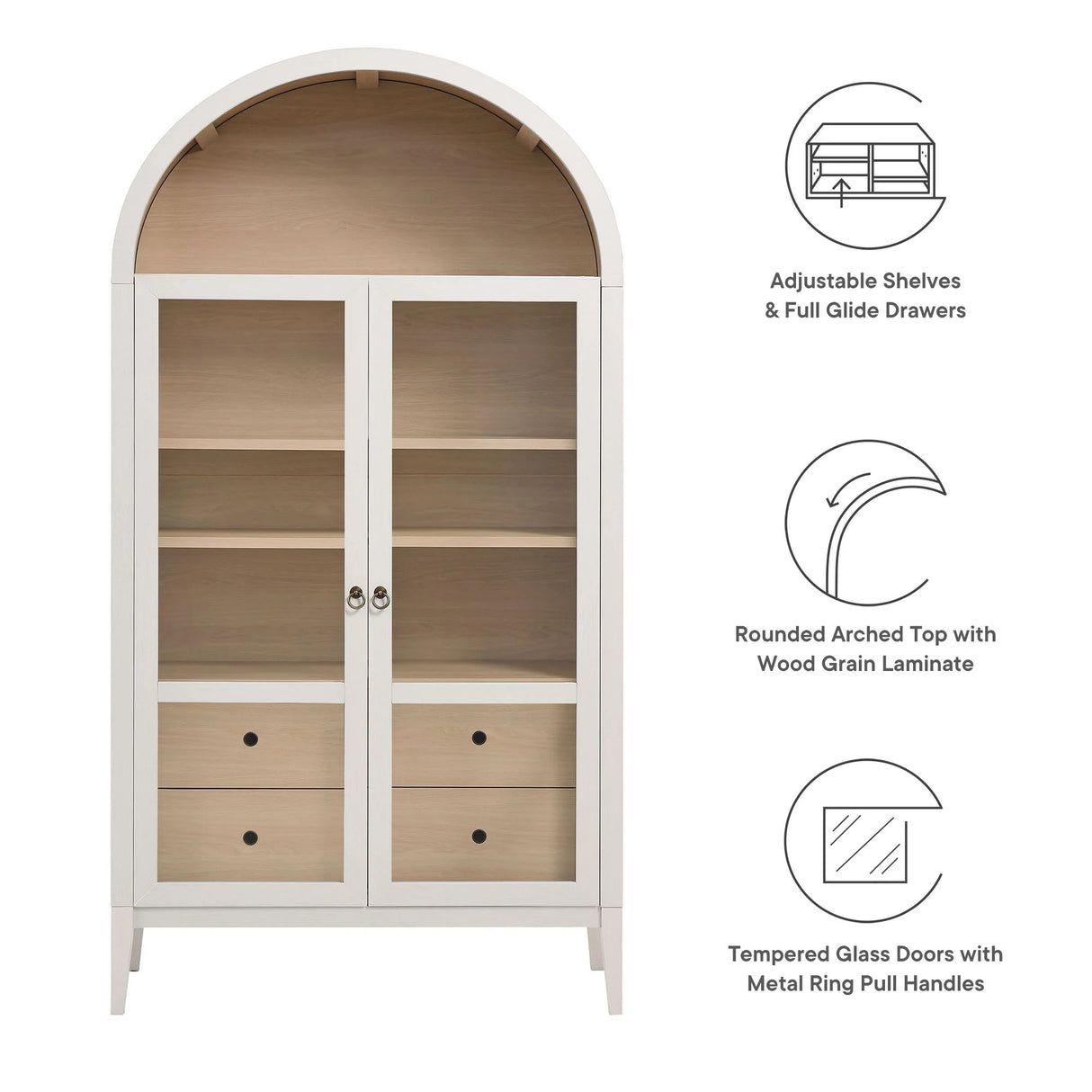 Modern Farmhouse Arched Tall Wood Storage Display Cabinet – Wood Grain 74 Inch