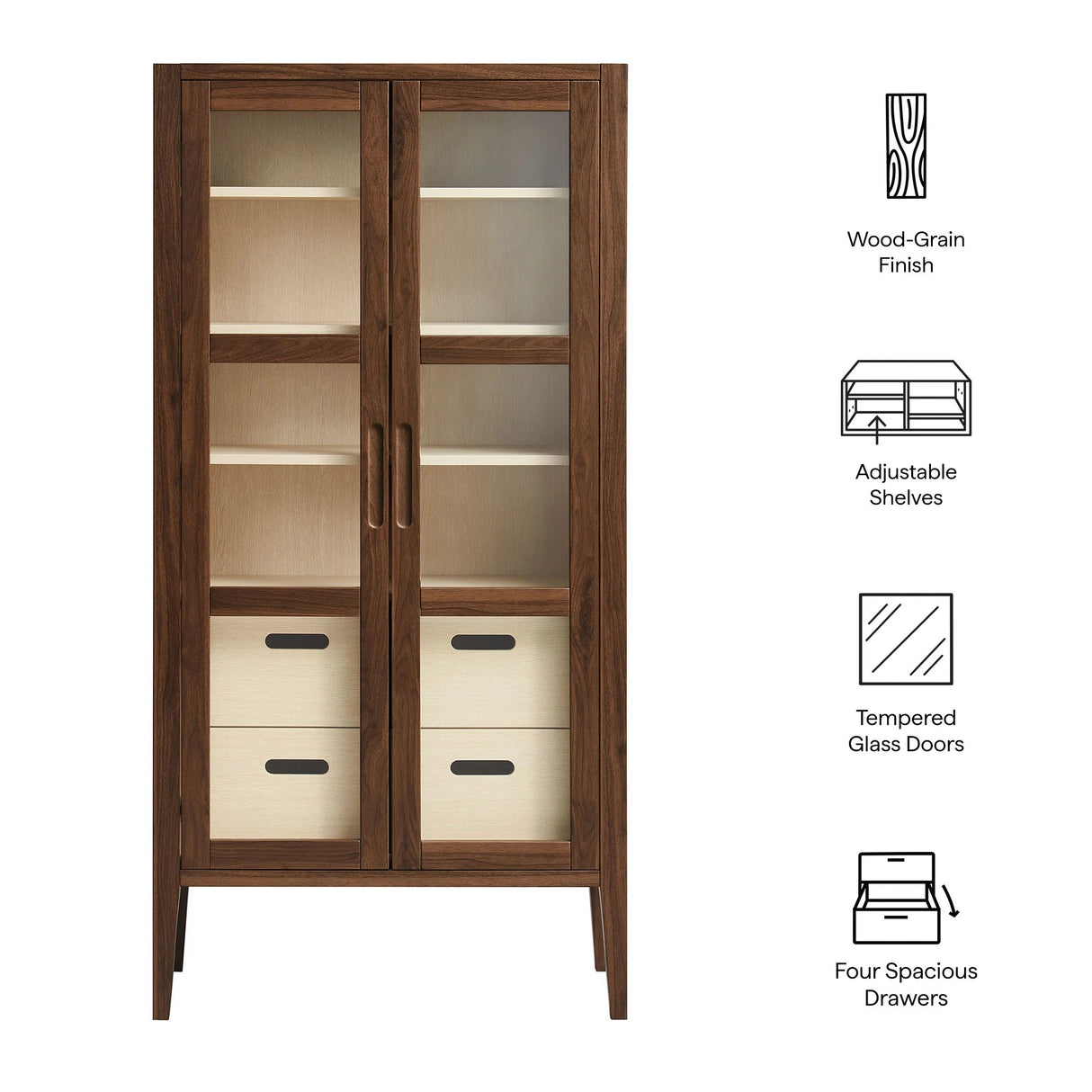 Mid-Century Modern 2-Door Glass Tall Storage Display Cabinet – Walnut 71 Inch