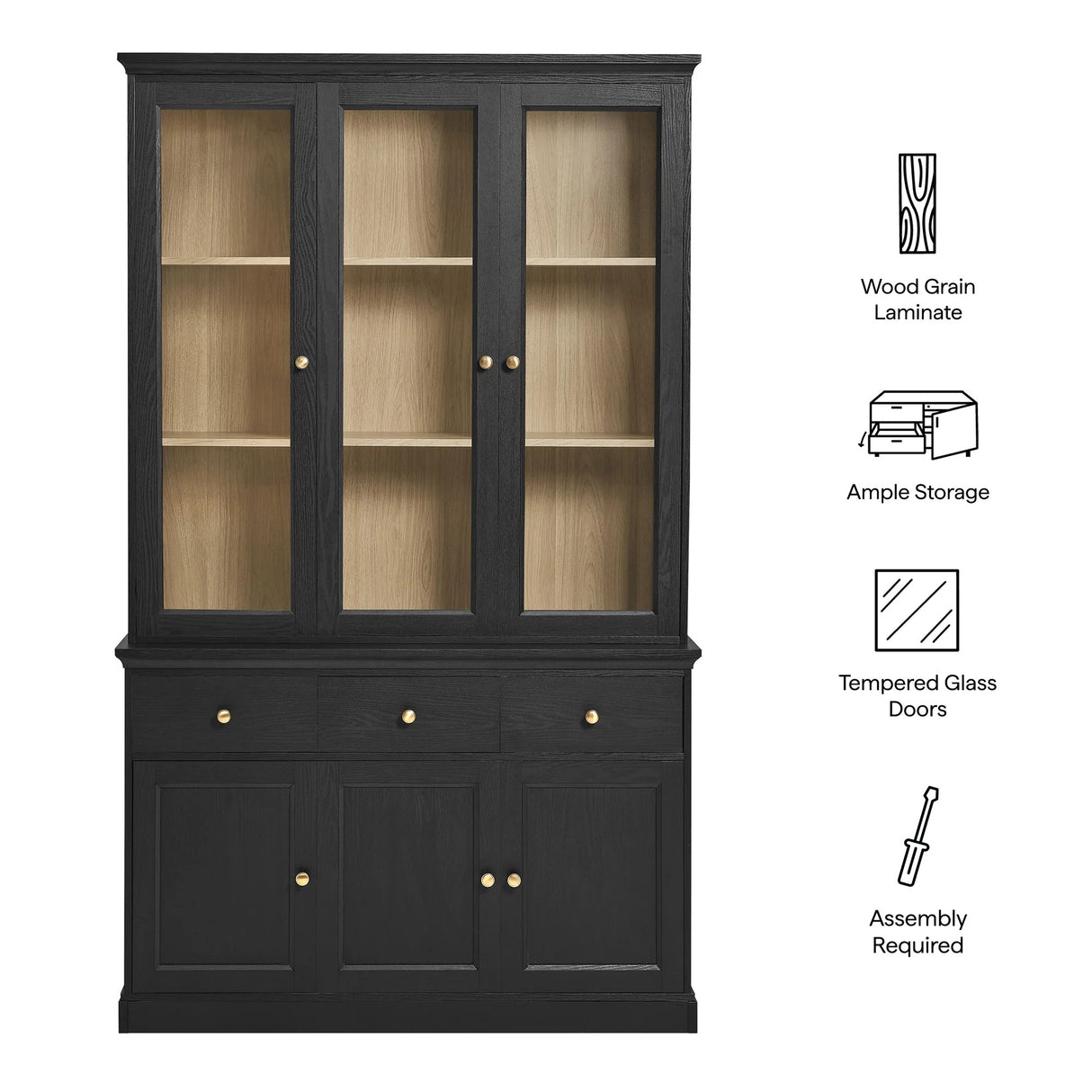 Modern Black Oak Wood Grain 3-Door Large Storage Display Cabinet – 79 Inch