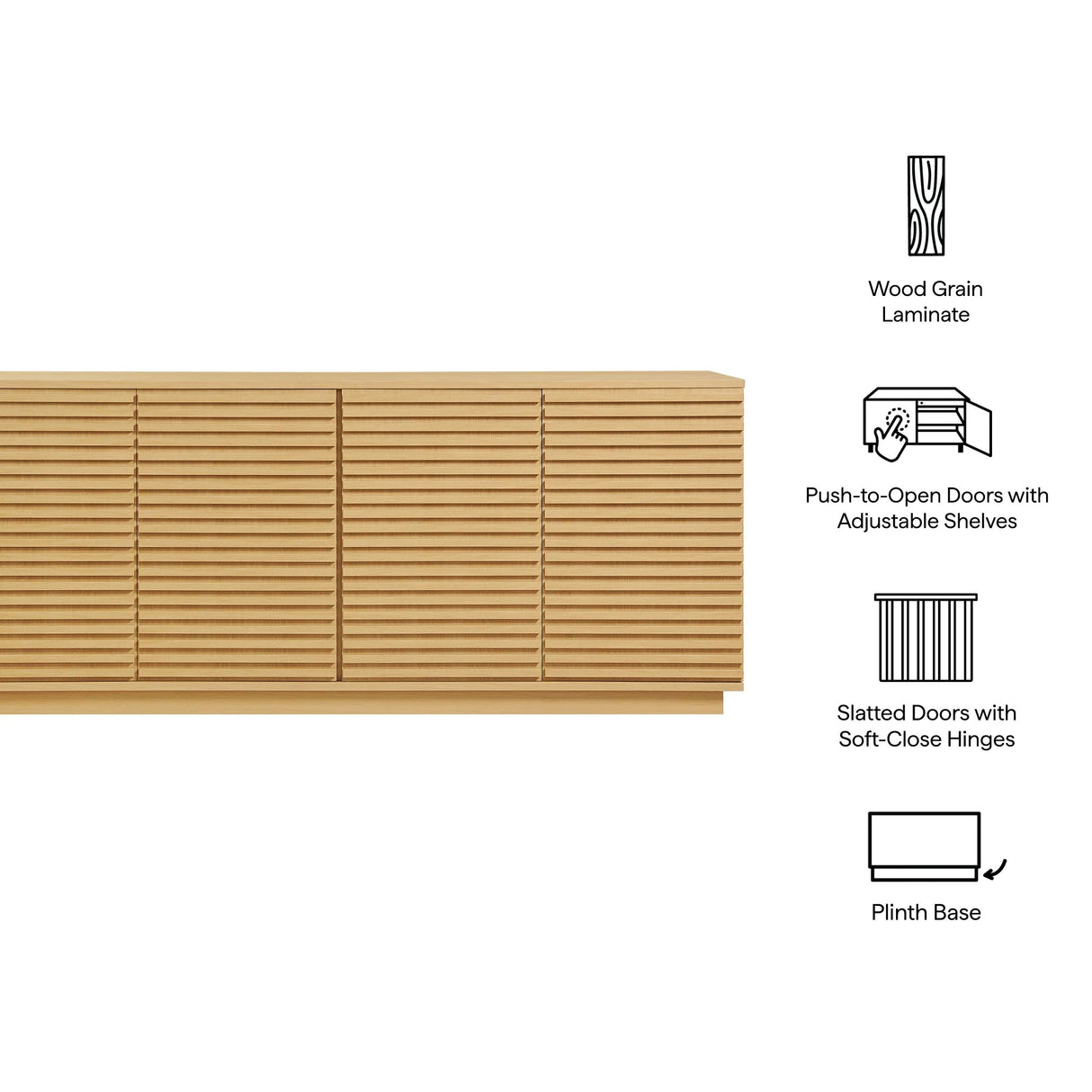 Mid-Century Fluted 4-Door Sideboard Cabinet – Wood Grain 71 Inch