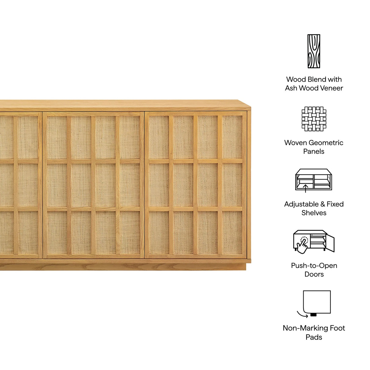 Japandi Sideboard Storage Cabinet with Woven Doors – Light Oak 76 Inch