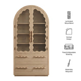 76 Inch Arched Scalloped Glass Door Kitchen Pantry Cabinet – Wood Grain