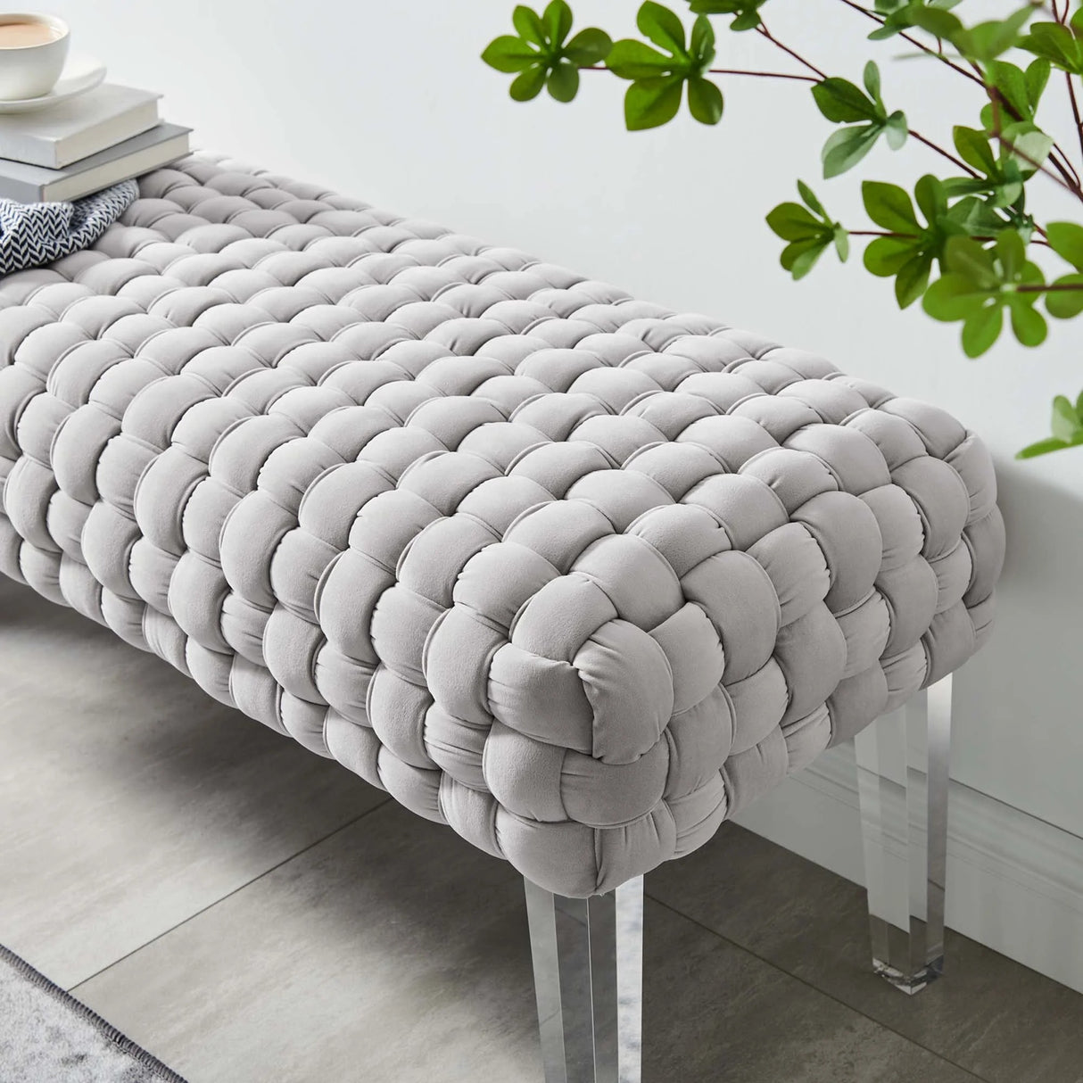 Woven Velvet Bench Ottoman with Acrylic Legs – 50 Inch