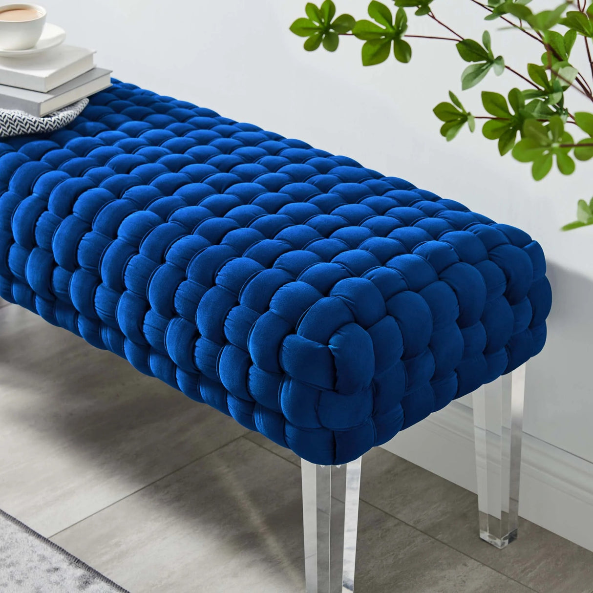 Woven Velvet Bench Ottoman with Acrylic Legs – 50 Inch