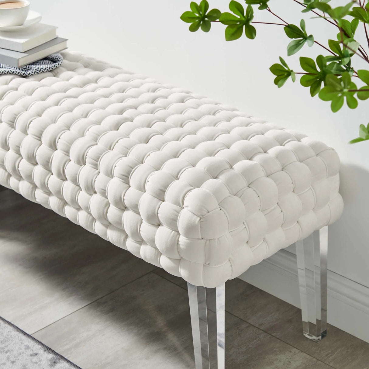 Woven Velvet Bench Ottoman with Acrylic Legs – 50 Inch