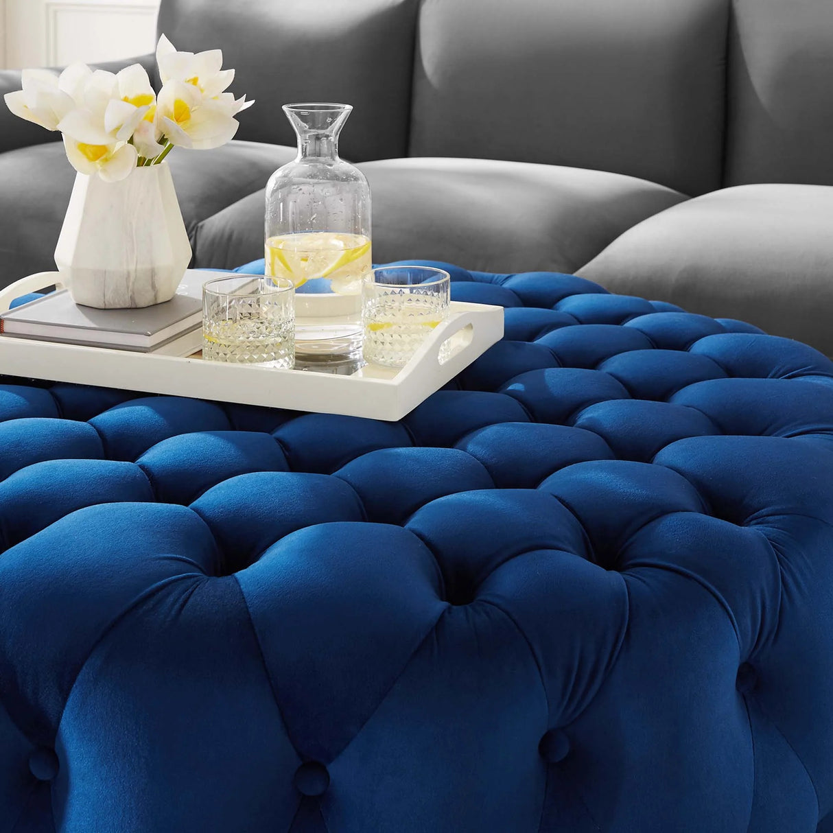 Large Round Tufted Velvet Ottoman – Upholstered 40 Inch