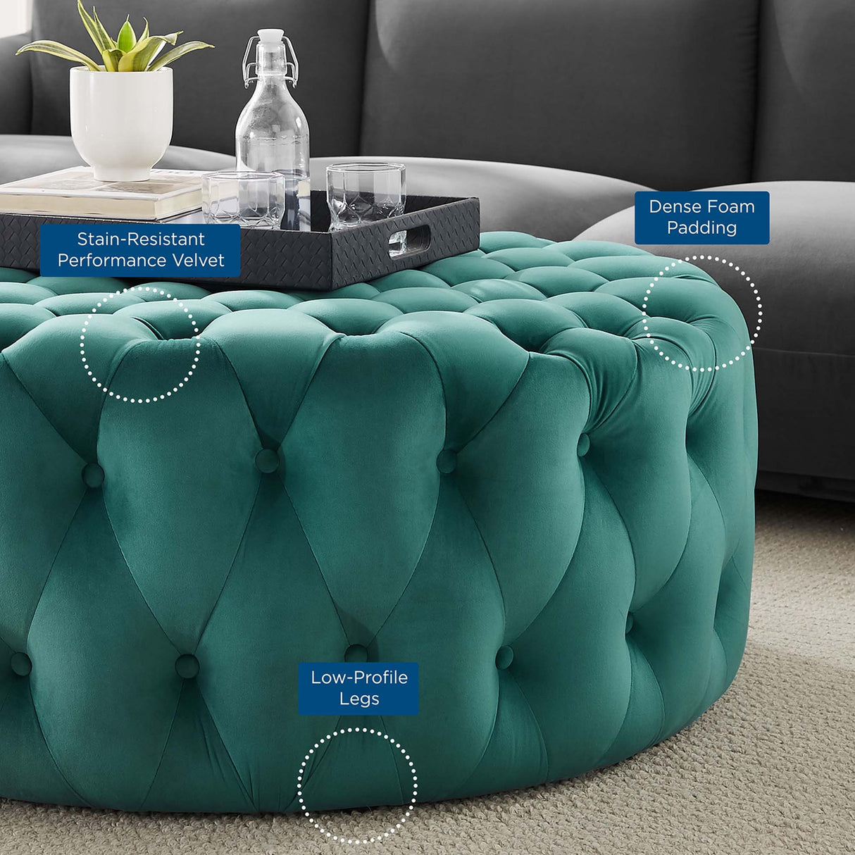 Large Round Tufted Velvet Ottoman – Upholstered 40 Inch