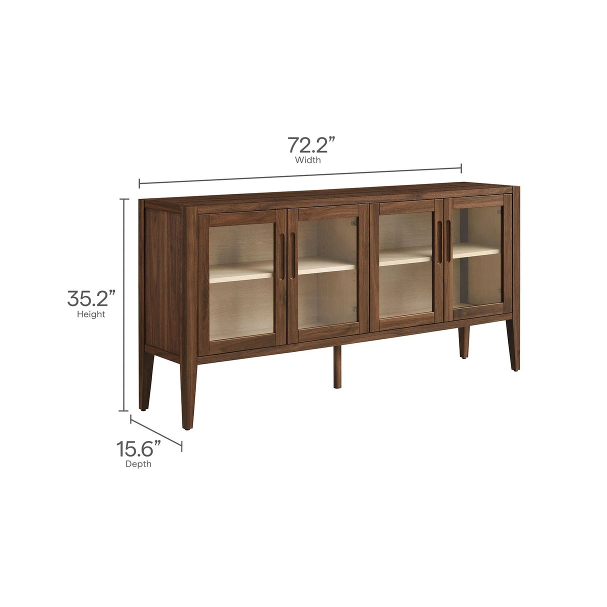 Mid-Century Modern 4-Door Glass Sideboard Storage Cabinet – Walnut 72 Inch