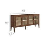 Mid-Century Modern 4-Door Glass Sideboard Storage Cabinet – Walnut 72 Inch