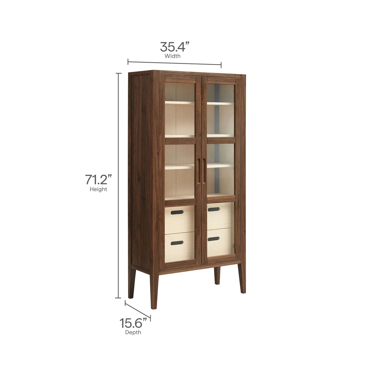 Mid-Century Modern 2-Door Glass Tall Storage Display Cabinet – Walnut 71 Inch