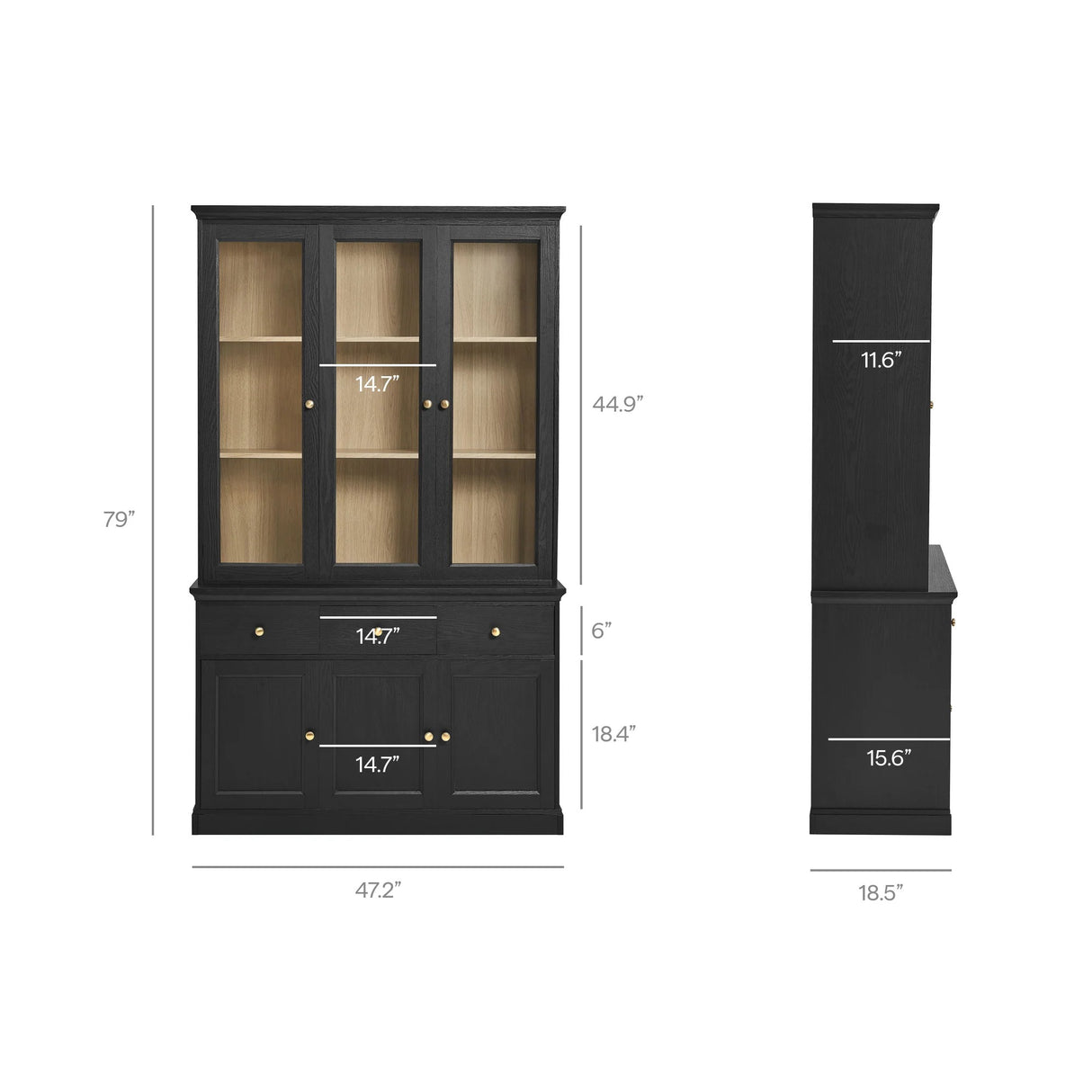 Modern Black Oak Wood Grain 3-Door Large Storage Display Cabinet – 79 Inch