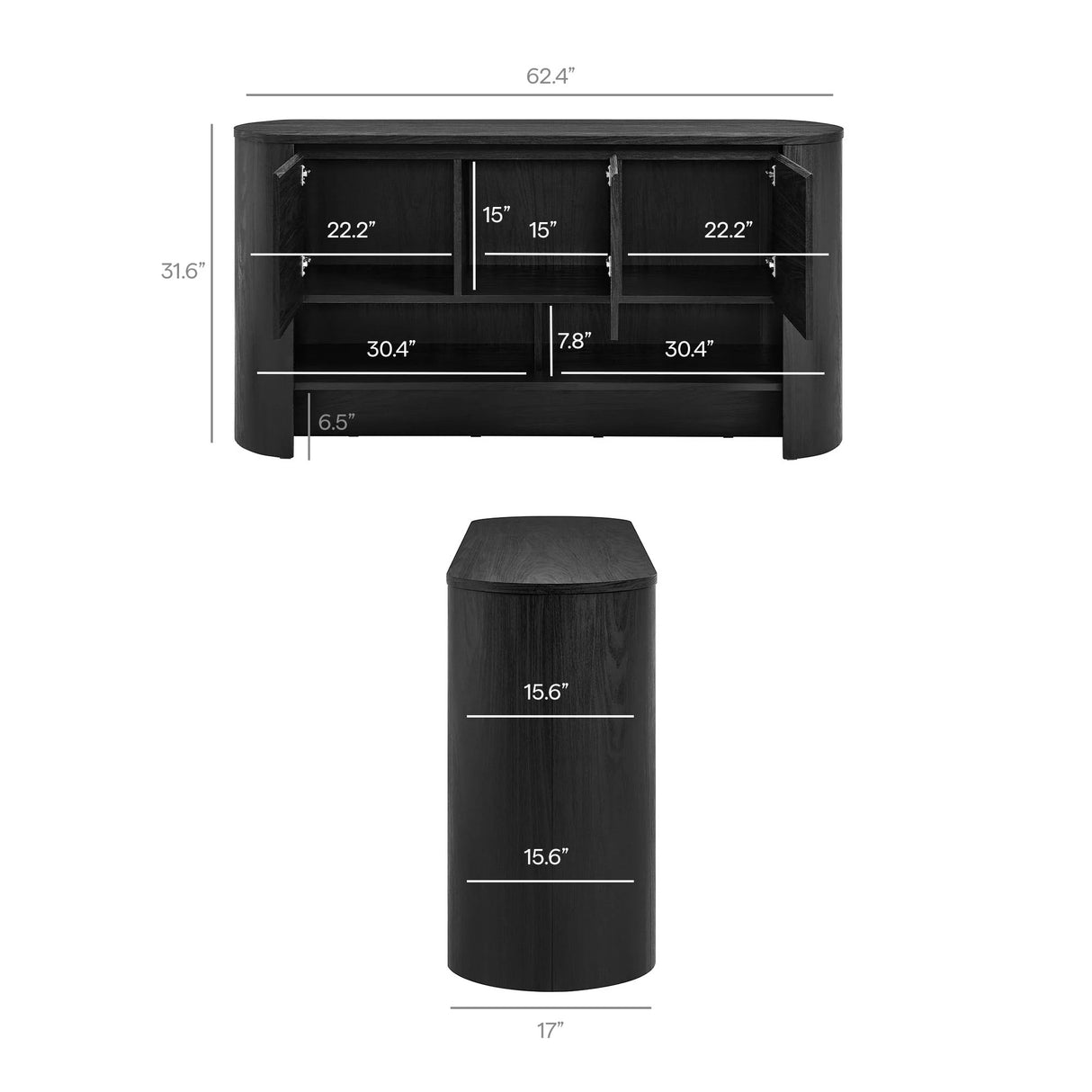 Oval Storage Sideboard Cabinet with Open Shelves – Wood Finish 62 Inch